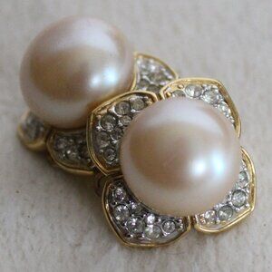 Nina Ricci 1980s Gold Plated Vintage Earrings | Clip On Faux Pearl & Rhinestones